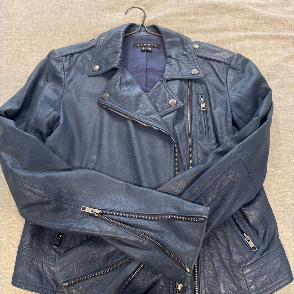 Theory Royal Blue Leather Biker Jacket